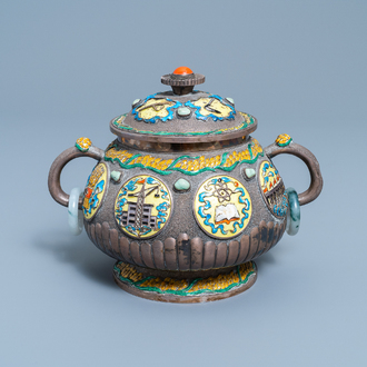 A Chinese enamelled silver censer, Cultural Revolution, 20th C.