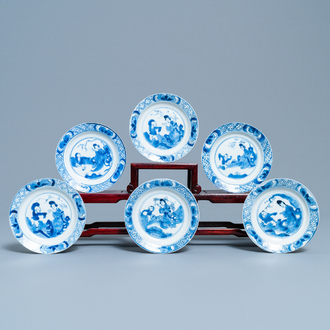 Six small Chinese blue and white 'Long Eliza and boys' plates, Kangxi