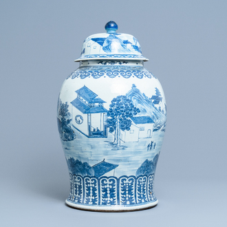 A large Chinese blue and white vase and cover, 19th C.