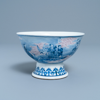 A Chinese blue, white and copper red stem bowl with immortals, Republic