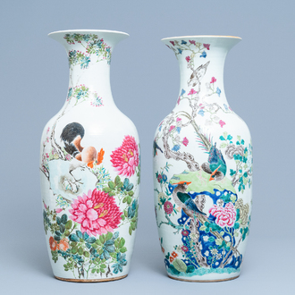 Two Chinese famille rose and qianjiang cai vases with birds, 19th C.