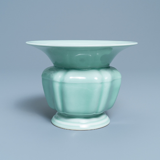 A Chinese monochrome celadon-glazed zhadou or spittoon, Yongzheng mark, Republic