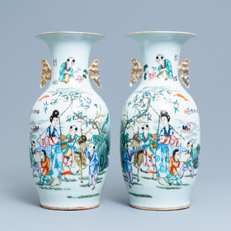 A pair of Chinese famille rose two-sided design vases, 19/20th C.