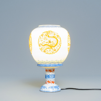 A Chinese iron red and overglaze blue eggshell porcelain 'dragon' lantern, Republic