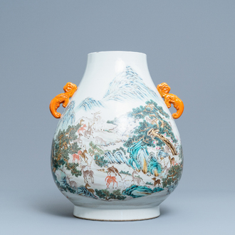 A Chinese famille rose '100 deer' vase, Qianlong mark, 20th C.