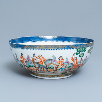 A large Chinese famille rose 'hunting' bowl for the European market, Qianlong