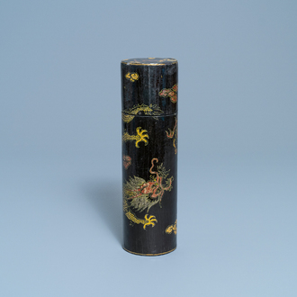 An imperial Chinese cylindrical painted and lacquered wood edict container, 17/18th C.