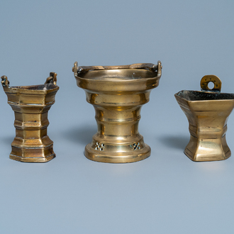 Three Flemish bronze holy water buckets, 16/17th C.