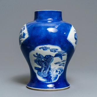 A Chinese blue and white powder blue-ground vase, Kangxi