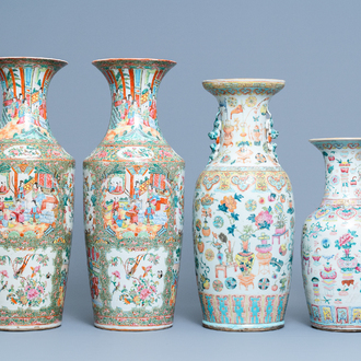 A pair of Chinese Canton famille rose vases and two single vases, 19th C.