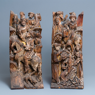 Two large polychromed wood 'Crucifixion' retable fragments, probably Brabant, 15/16th C.