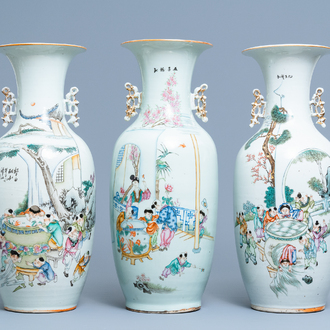 Three Chinese famille rose vases with boys near fish bowls, 19/20th C.