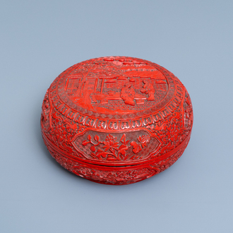 A Chinese red cinnabar lacquer box and cover, 19th C.