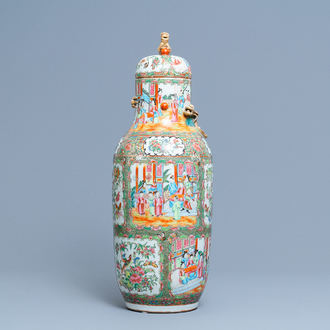 A Chinese Canton famille rose vase and cover, 19th C.