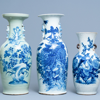 Three Chinese blue and white vases with birds among blossoming branches, 19th C.