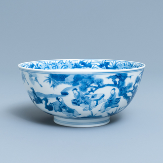 A Chinese blue and white 'scholars and attendants' bowl, Kangxi mark and of the period