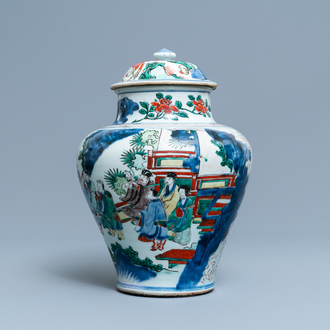 A Chinese wucai 'immortals' vase and cover, Shunzhi