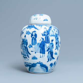 A Chinese blue and white covered jar with figures in a landscape, 19th C.