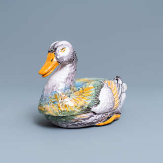 A fine polychrome French faience 'duck' tureen and cover, France, 18th C.