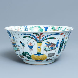 A large Chinese famille verte 'antiquities' bowl, Kangxi