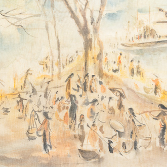 Tu Duyen (Vietnam, 1915-2012), encre et aquarelle sur soie: 'Harbour scene', daté 1974