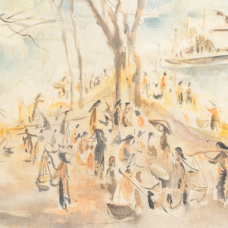 Tu Duyen (Vietnam, 1915-2012), ink and watercolour on silk: 'Harbour scene', dated 1974