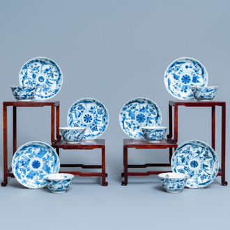 Six Chinese blue and white cups and saucers, Kangxi