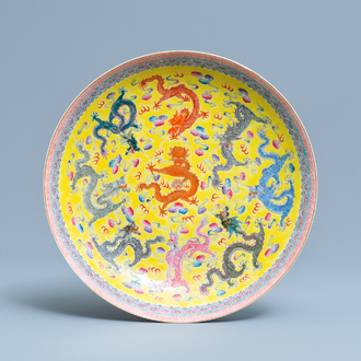 A Chinese famille rose yellow-ground 'dragon' dish, Qianlong mark, Republic