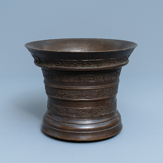 A large Flemish bronze mortar dated 1604 and inscribed Lille