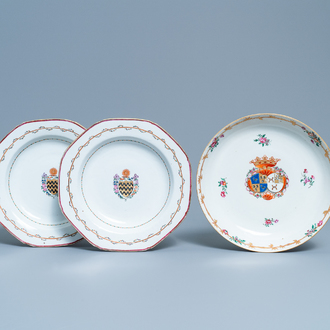 A pair of Chinese English market armorial plates and one for the Dutch market, Qianlong