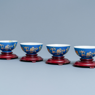 Four Chinese blue-ground bowls with floral designs, Yongzheng mark, Republic