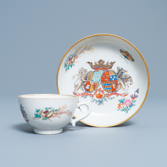 A Chinese famille rose Dutch market cup and saucer with the arms of Van Scholten en Wesele, Qianlong