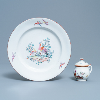 A polychrome Tournai porcelain plate and a cream bowl and cover with birds, 18th C.