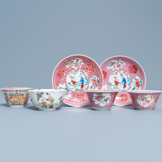 Een Chinese famille rose VOC-kop, een Pronk-kop en twee koppen en schotels, Yongzheng/Qianlong
