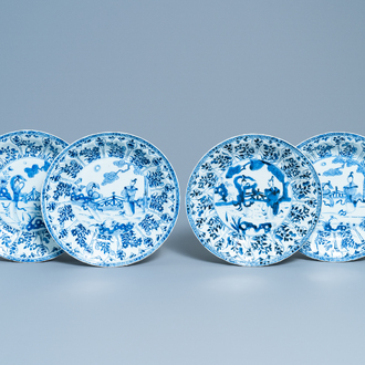 Four Chinese blue and white dishes with ladies in a landscape, Kangxi/Yongzheng