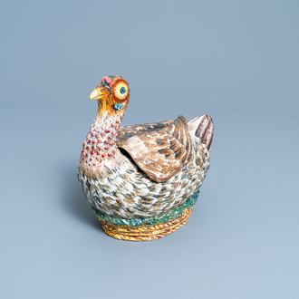 A polychrome French faience 'duck' tureen and cover, France, 18th C.