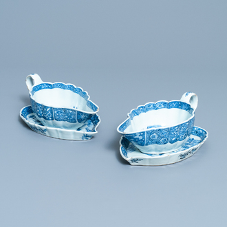 A pair of Chinese blue and white 'Romance of the Western Chamber' sauce boats on stand, Qianlong