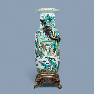 A large gilt bronze-mounted Chinese famille verte rouleau vase, 19th C.