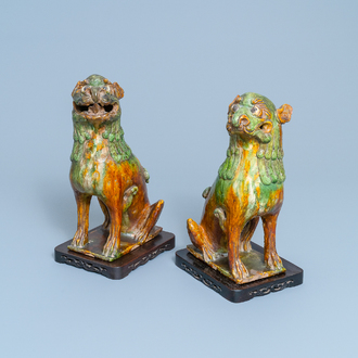 A pair of Chinese sancai-glazed models of temple lions, Ming