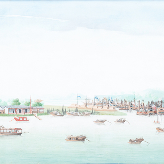 Ecole anglo-chinoise de Canton, huile sur toile, 18ème: 'Vue sur la baie de Whampoa'