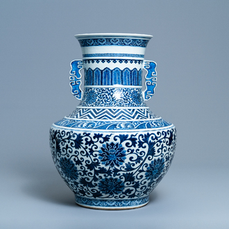 A Chinese blue and white 'hu' vase with lotus scrolls, 19th C.