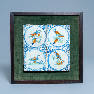 Four polychrome Dutch Delft tiles with birds within a medallion, Haarlem, 17th C.