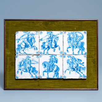 Six carreaux en faïence de Delft en bleu et blanc à décor de chevaliers, 17/18ème