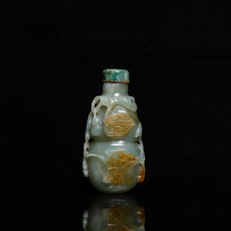 A Chinese gourd-shaped celadon and russet jade snuff bottle, Qing