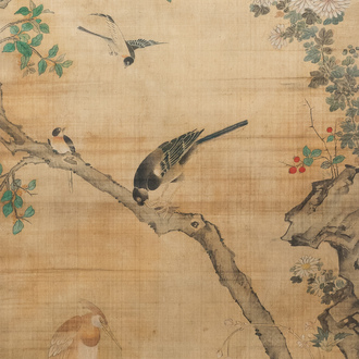 Ecole chinoise, encre et couleurs sur soie, 18/19ème: 'Des oiseaux et leurs proies'