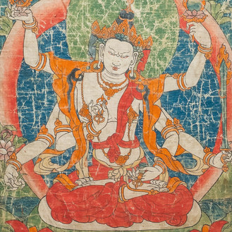 Een thangka met Vasudhara, Tibet of Nepal, 19e eeuw