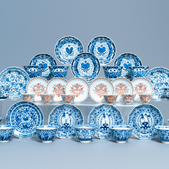 A varied collection of Chinese famille rose and blue and white cups and saucers, Qianlong and 19th C.