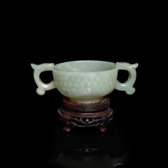 A Chinese celadon jade two-handled libation cup, Ming