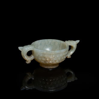 A Chinese celadon jade two-handled libation cup, Ming