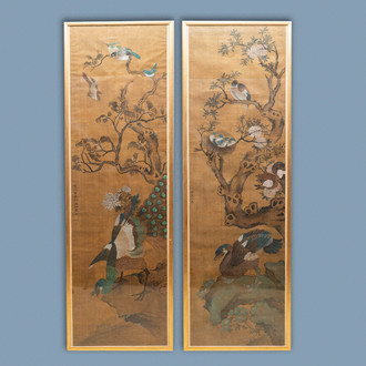 Shen Quan (1682-1762), ink and colour on silk, 18th C.: 'Two  scenes with birds'